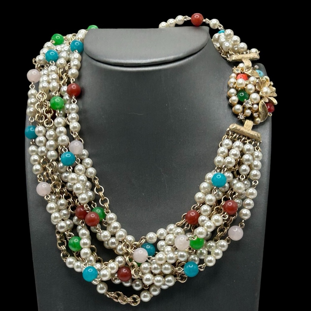Fabulous Vintage Multi Strand Faux Pearl Lucite Bead Necklace